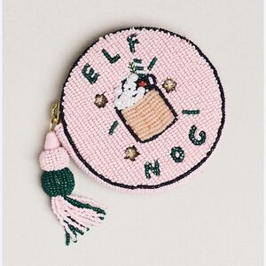 Anthropologie “ELF NOG” Nephthys Illustrated Beaded Disc Round Zip Coin Purse.